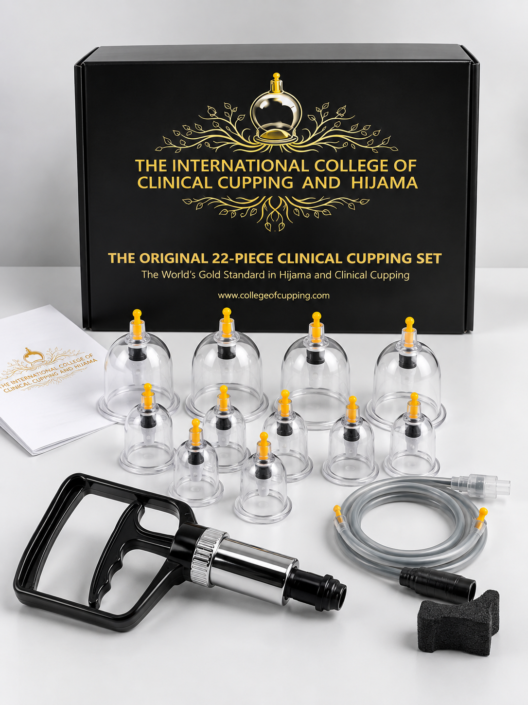 ICCCH 22-piece clinical cupping set: 12 clear cups in 4 sizes, pneumatic trigger pump, extension hose and black gold presentation box