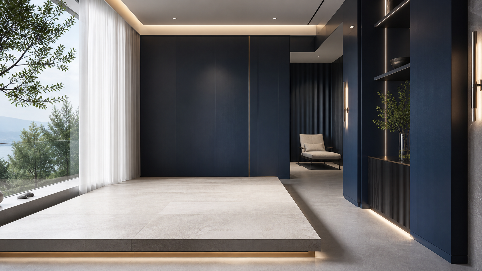 Empty executive wellness suite in LiveWell Restore navy and cool stone tones