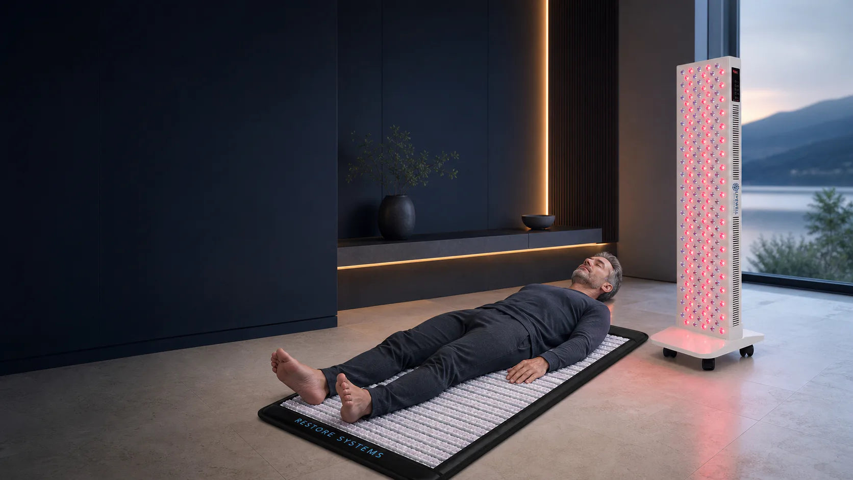 LiveWell Restore PEMF mat and red light system used in a private wellness suite