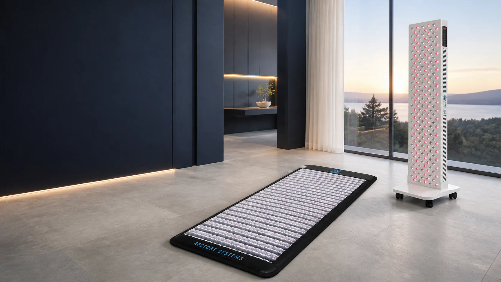 LiveWell Restore PEMF mat and red light system in an architectural wellness room